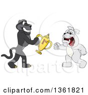 Poster, Art Print Of Black Panther School Mascot Character Giving A First Place Trophy To A Bulldog Symbolizing Teamwork And Sportsmanship