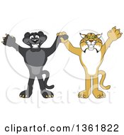 Poster, Art Print Of Black Panther And Bobcat School Mascot Characters Holding Hands And Cheering Symbolizing Sportsmanship