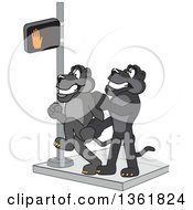 Black Panther School Mascot Character Stopping Another From Using A Crosswalk At The Wrong Time Symbolizing Safety