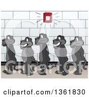 Poster, Art Print Of Black Panther School Mascot Characters Standing In Line During A Fire Drill Symbolizing Safety
