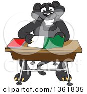 Clipart Of A Black Panther School Mascot Character Organizing And Studying Royalty Free Vector Illustration