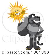 Poster, Art Print Of Black Panther School Mascot Character And Sun Holding Thumbs Up Symbolizing Excellence