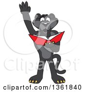 Poster, Art Print Of Black Panther School Mascot Character Raising A Hand And Reading A Book Symbolizing Determination