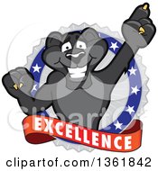 Black Panther School Mascot Character Holding Up A Finger On An Excellence Badge