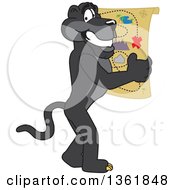 Clipart Of A Black Panther School Mascot Character Reading A Map Symbolizing Being Proactive Royalty Free Vector Illustration