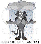 Poster, Art Print Of Black Panther School Mascot Character Shrugging In The Rain Symbolizing Acceptance