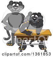 Clipart Of A Black Panther School Mascot Character Standing By A Worried Student Symbolizing Compassion Royalty Free Vector Illustration
