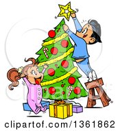 Poster, Art Print Of Cartoon Children Trimming A Christmas Tree Together