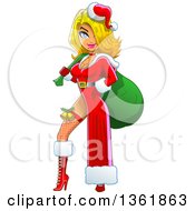 Clipart Of A Cartoon Blond White Christmas Pinup Woman Posing In A Sexy Santa Suit A Sack Over Her Shoulder Royalty Free Vector Illustration by Clip Art Mascots #COLLC1361863-0189