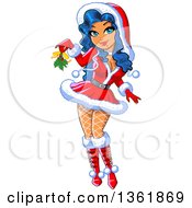 Clipart Of A Cartoon Sexy Blue Haired Christmas Painup Woman In A Santa Suit Holding Out Mistletoe Royalty Free Vector Illustration by Clip Art Mascots