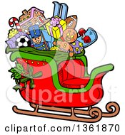 Poster, Art Print Of Cartoon Santas Christmas Sleigh With Holly Toys And Gifts