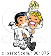 Clipart Of A Cartoon Happy Wedding Groom Carrying His Bride Royalty Free Vector Illustration by Clip Art Mascots #COLLC1361875-0189