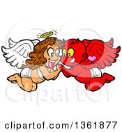 Clipart Of A Cartoon Happy Female Angel And Male Devil In Love Royalty Free Vector Illustration by Clip Art Mascots