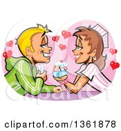 Cartoon Young Blond Caucasian Man Holding A Movie Ticket And Flirting With A Waitress At An Ice Cream Shop