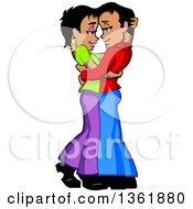 Poster, Art Print Of Cartoon Romantic Young Black And Hispanic Couple Hugging And Embracing Passionately