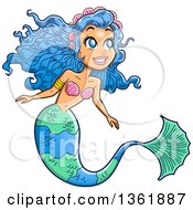 Poster, Art Print Of Happy Blue Haired Female Mermaid Looking Up To The Right