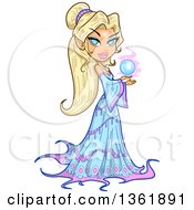 Blond Haired Blue Eyed Caucasian Mythical Elf Queen Sorcerers Holding A Crystal Ball