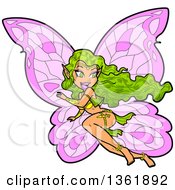 Clipart Of A Happy Green Haired Fairy With Pink Wings Flying Fast And Looking Back Royalty Free Vector Illustration