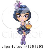 Clipart Of A Cartoon Black Haired Pink Eyed Goth Girl Trick Or Treating With A Halloween Jackolantern Pumpkin Basket Royalty Free Vector Illustration