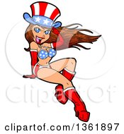 Poster, Art Print Of Cartoon Sexy Brunette White Pinup Woman In An American Flag Bikini And Top Hat