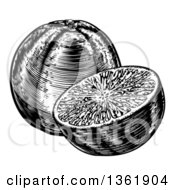 Clipart Of Black And White Retro Engraved Or Woodcut Whole And Halved Navel Oranges Royalty Free Vector Illustration