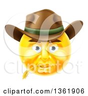 3d Yellow Male Cowboy Smiley Emoji Emoticon Face Wearing A Hat And Chewing On Straw