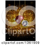 Poster, Art Print Of 3d Suspended Sparkly And Speaker Christmas Baubles Over Gold Disco Tiles