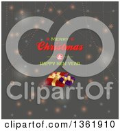 Clipart Of A Merry Christmas And Happy New Year Greeting And 3d Gifts Over Gray With Flares And Snowflakes Royalty Free Vector Illustration