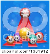Poster, Art Print Of 3d Merry Christmas Greeting And Bingo Balls On Red Stripes Over Blue Flares