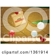 Poster, Art Print Of Merry Christmas Gift Shaped Tag Greeting Over Wood With Baubles And Snow