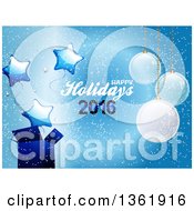 Poster, Art Print Of Happy Holidays 2016 Text With Suspended Christmas Ornaments A Gift And Star Balloons On Blue