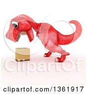 Poster, Art Print Of 3d Red Tyrannosaurus Rex Dinosaur Looking Down At A Box On A White Background