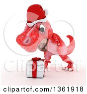 Poster, Art Print Of 3d Red Tyrannosaurus Rex Dinosaur Roaring Over A Christmas Gift On A White Background