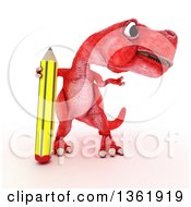 Poster, Art Print Of 3d Red Tyrannosaurus Rex Dinosaur Presenting And Standing With A Pencil On A White Background