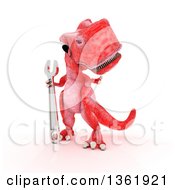 Poster, Art Print Of 3d Red Tyrannosaurus Rex Dinosaur Holding A Wrench On A White Background