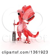 Poster, Art Print Of 3d Red Tyrannosaurus Rex Dinosaur Holding A Phillips Screwdriver On A White Background