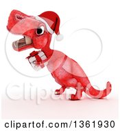 Poster, Art Print Of 3d Red Tyrannosaurus Rex Dinosaur Carrying A Christmas Gift On A White Background