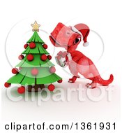 Poster, Art Print Of 3d Red Tyrannosaurus Rex Dinosaur Holding A Gift By A Christmas Tree On A White Background
