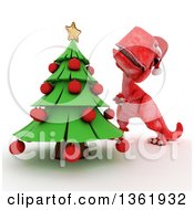 Poster, Art Print Of 3d Red Tyrannosaurus Rex Dinosaur Decorating A Christmas Tree On A White Background