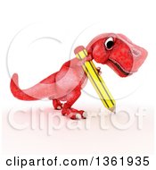 Poster, Art Print Of 3d Red Tyrannosaurus Rex Dinosaur Writing With A Pencil On A White Background