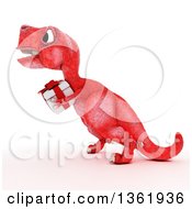 Poster, Art Print Of 3d Red Tyrannosaurus Rex Dinosaur Carrying A Gift On A White Background