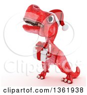 Poster, Art Print Of 3d Red Tyrannosaurus Rex Dinosaur Carrying A Christmas Gift On A White Background