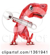 Poster, Art Print Of 3d Red Tyrannosaurus Rex Dinosaur Holding An Adjustable Wrench On A White Background