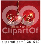 Clipart Of A 3d Christmas Bauble In A Happy New Year 2016 Greeting Over Red Snowflakes And Stars Royalty Free Vector Illustration by KJ Pargeter