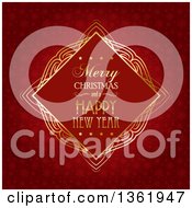 Clipart Of A Merry Christmas And A Happy New Year Greeting In A Retro Golden Frame Over Red Snowflakes Royalty Free Vector Illustration
