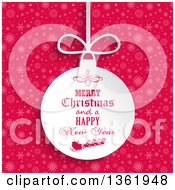 Poster, Art Print Of Merry Christmas And A Happy New Year Santa Sleigh Bauble Ornament Over Pink Snowflakes