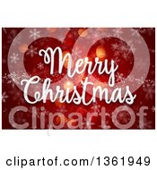 Clipart Of A White Merry Christmas Greeting Over Red Bokeh Flares And Snowflakes Royalty Free Illustration