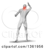 3d Rear View Of A Medical Anatomical Male Reaching Back With Glowing Neck Pain On White