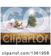 Poster, Art Print Of 3d Wood Table With A Blurred View Of Santa With Gifts And A Tree On A Winter Day