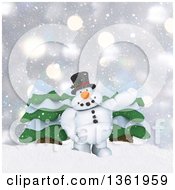 Clipart Of A 3d Snowman Character Presenting In The Snow By Evergreen Trees Royalty Free Illustration